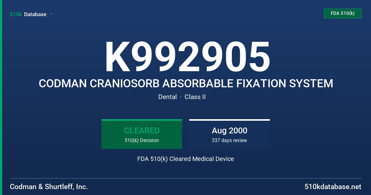 K992905 CODMAN CRANIOSORB ABSORBABLE FIXATION SYSTEM FDA 510(k) Cleared Medical Device