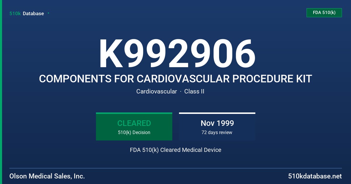 K992906 COMPONENTS FOR CARDIOVASCULAR PROCEDURE KIT FDA 510(k) Cleared Medical Device