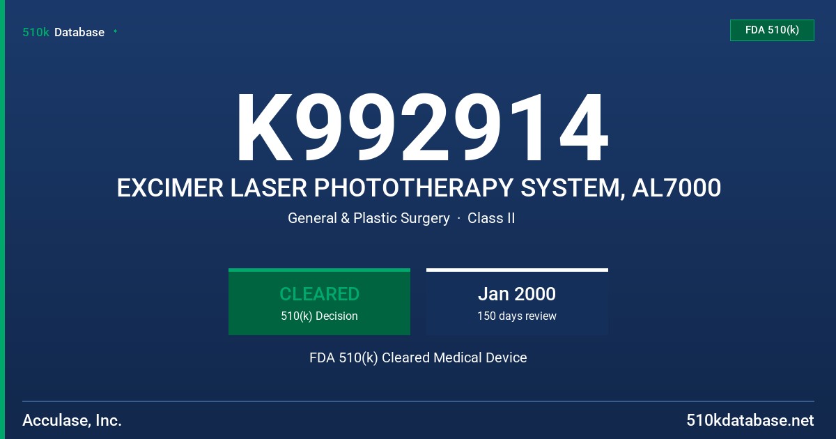 K992914 EXCIMER LASER PHOTOTHERAPY SYSTEM, AL7000 FDA 510(k) Cleared Medical Device