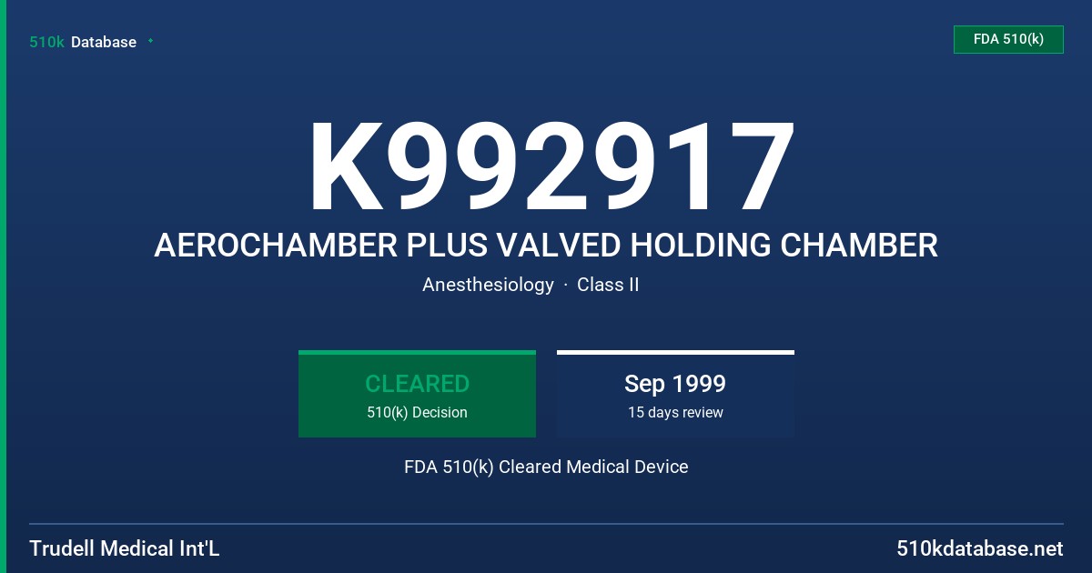 K992917 AEROCHAMBER PLUS VALVED HOLDING CHAMBER FDA 510(k) Cleared Medical Device