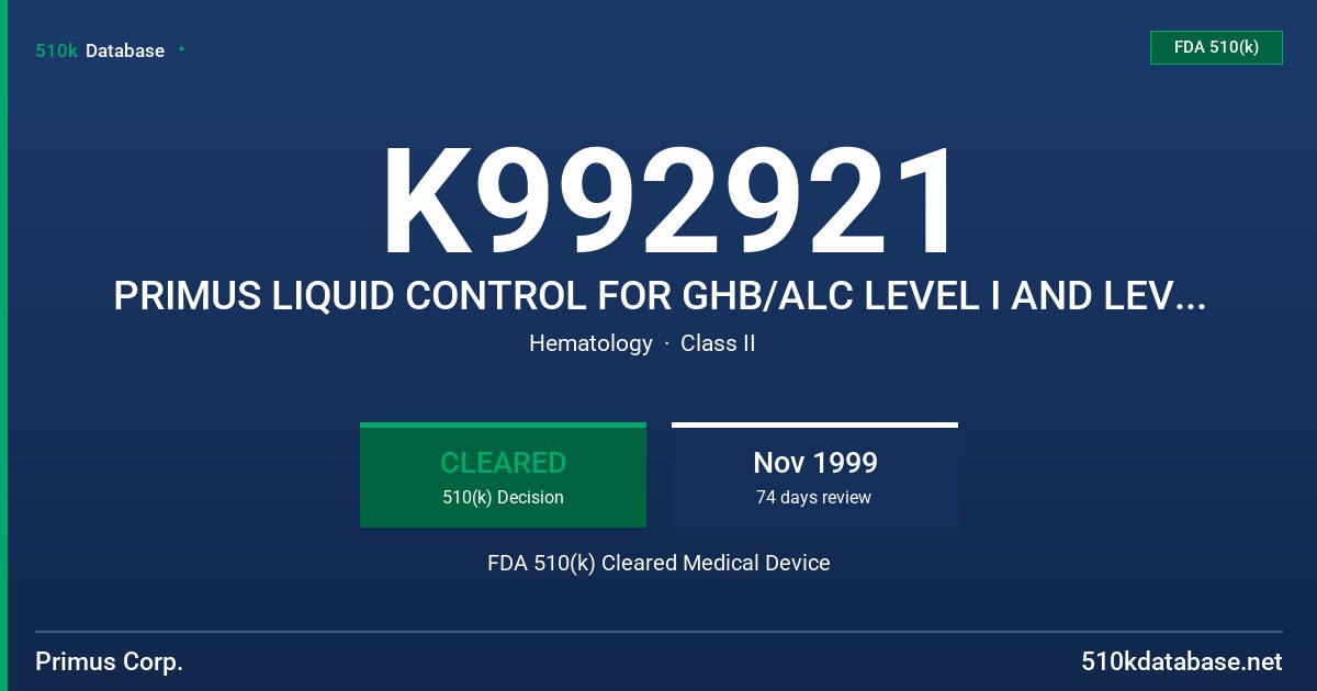 K992921 PRIMUS LIQUID CONTROL FOR GHB/ALC LEVEL I AND LEVEL II FDA 510(k) Cleared Medical Device