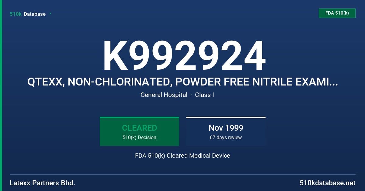 K992924 QTEXX, NON-CHLORINATED, POWDER FREE NITRILE EXAMINATION GLOVES, POLYMER-COATED FDA 510(k) Cleared Medical Device