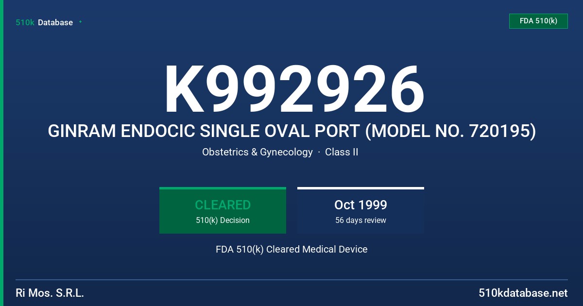 K992926 GINRAM ENDOCIC SINGLE OVAL PORT (MODEL NO. 720195) FDA 510(k) Cleared Medical Device