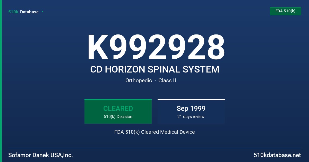 K992928 CD HORIZON SPINAL SYSTEM FDA 510(k) Cleared Medical Device