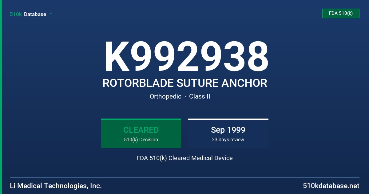 K992938 ROTORBLADE SUTURE ANCHOR FDA 510(k) Cleared Medical Device