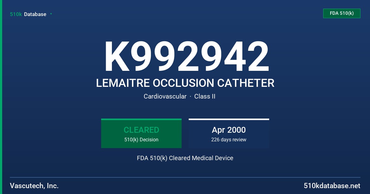 K992942 LEMAITRE OCCLUSION CATHETER FDA 510(k) Cleared Medical Device