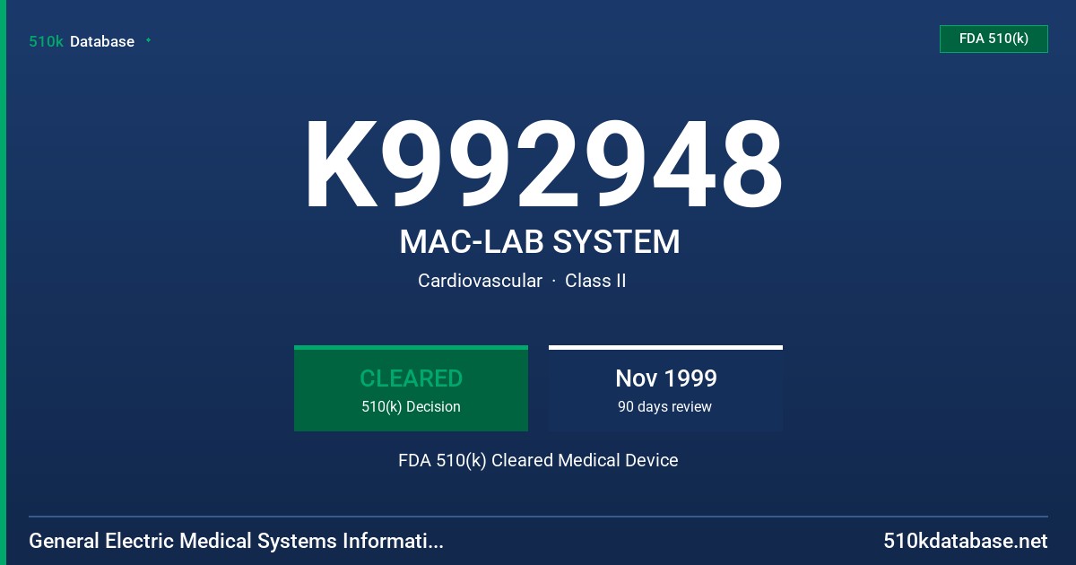 K992948 MAC-LAB SYSTEM FDA 510(k) Cleared Medical Device