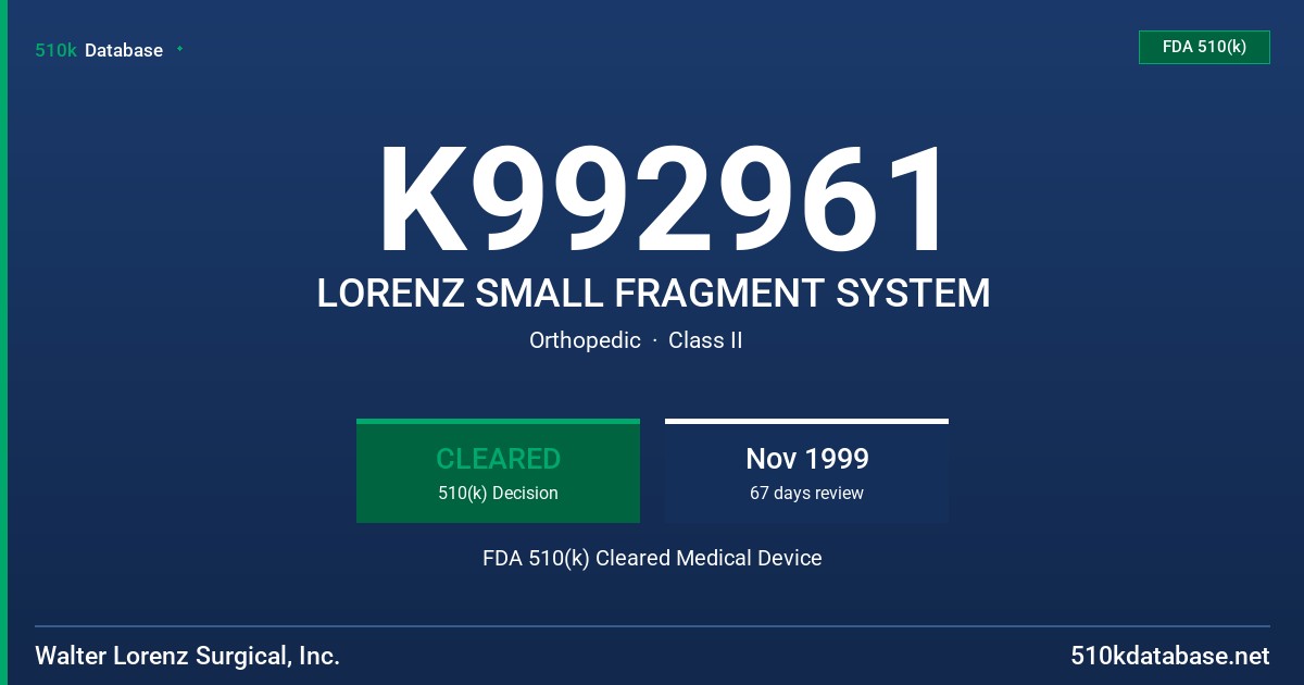 K992961 LORENZ SMALL FRAGMENT SYSTEM FDA 510(k) Cleared Medical Device