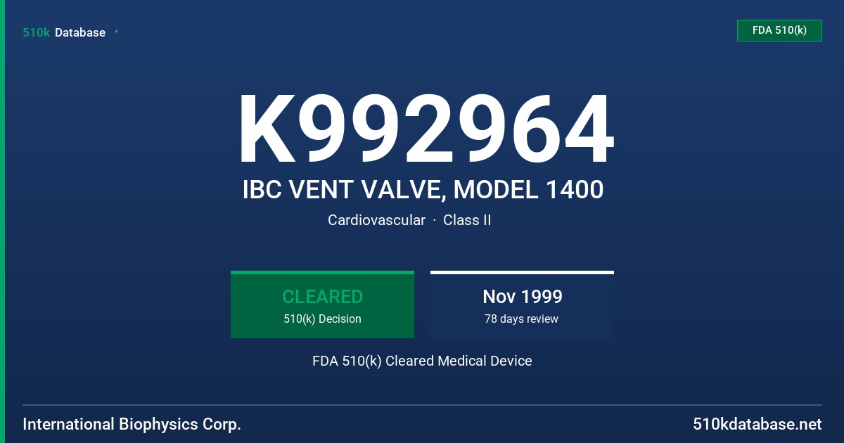 K992964 IBC VENT VALVE, MODEL 1400 FDA 510(k) Cleared Medical Device