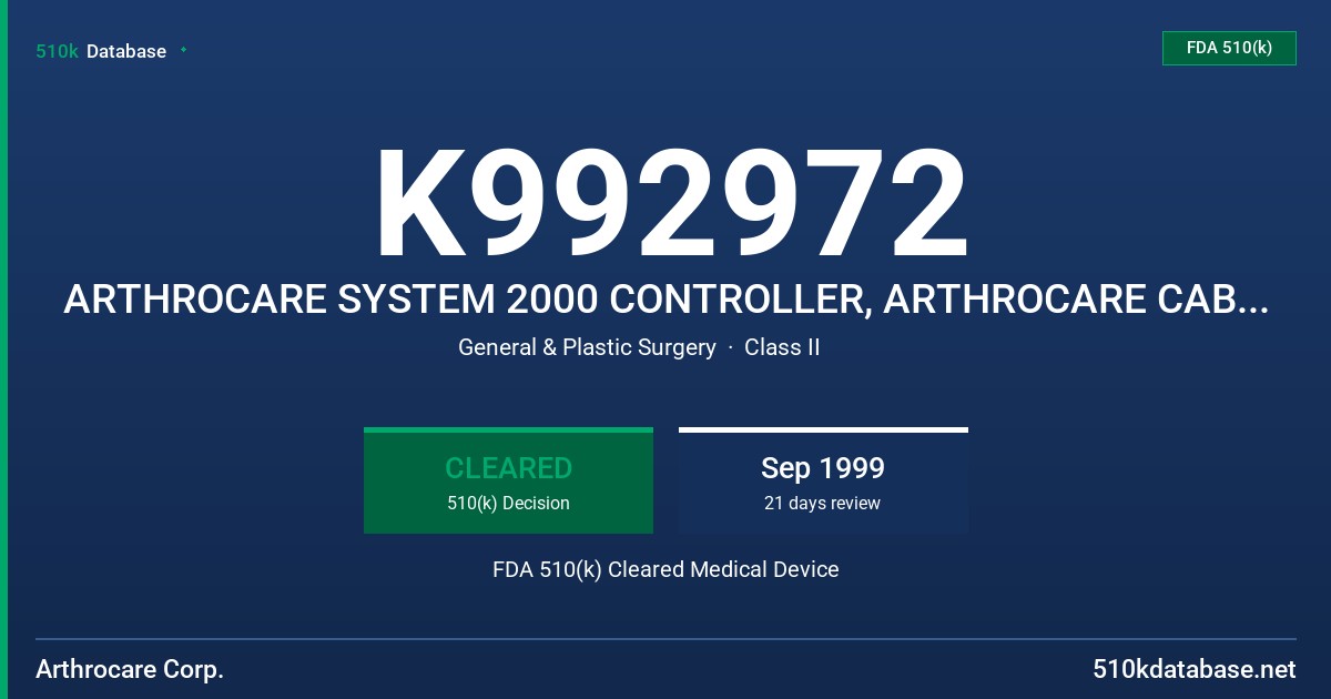 K992972 ARTHROCARE SYSTEM 2000 CONTROLLER, ARTHROCARE CABLE, FOOTSWITCH, POWERCORD, ARTHROCARE ELECTROSURGERY WAND, MODELS H2000 FDA 510(k) Cleared Medical Device