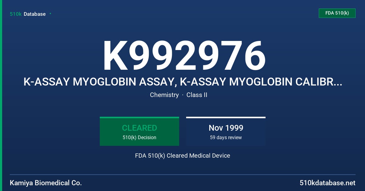 K992976 K-ASSAY MYOGLOBIN ASSAY, K-ASSAY MYOGLOBIN CALIBRATOR FDA 510(k) Cleared Medical Device