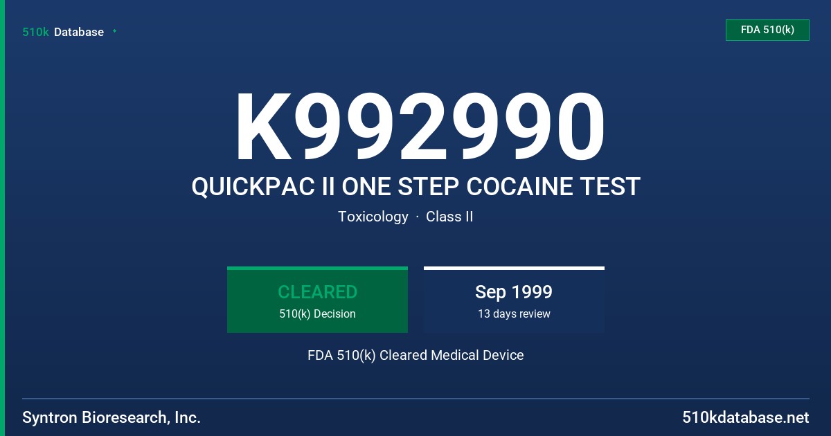 K992990 QUICKPAC II ONE STEP COCAINE TEST FDA 510(k) Cleared Medical Device