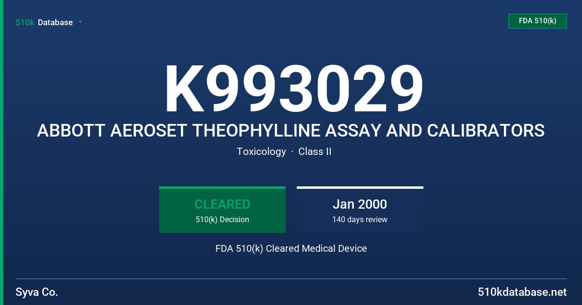K993029 ABBOTT AEROSET THEOPHYLLINE ASSAY AND CALIBRATORS FDA 510(k) Cleared Medical Device