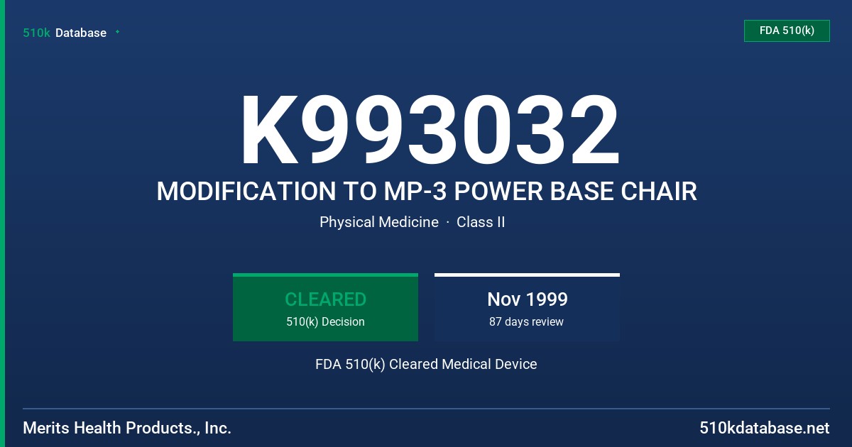 K993032 MODIFICATION TO MP-3 POWER BASE CHAIR FDA 510(k) Cleared Medical Device