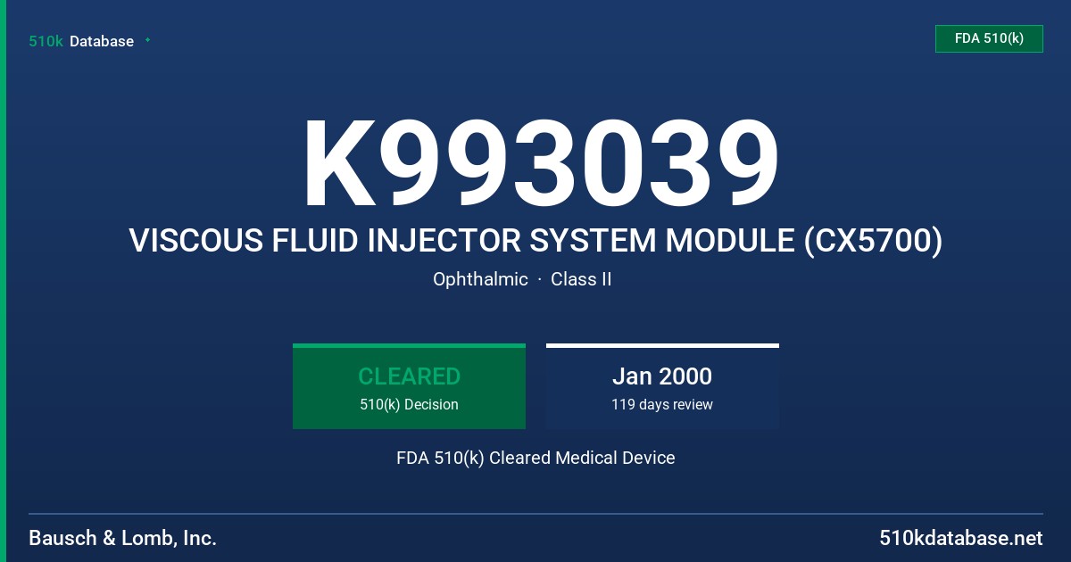 K993039 VISCOUS FLUID INJECTOR SYSTEM MODULE (CX5700) FDA 510(k) Cleared Medical Device
