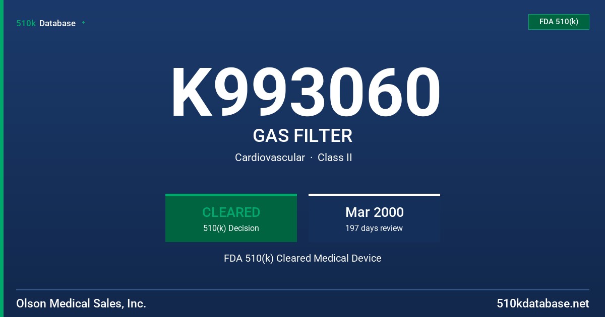 K993060 GAS FILTER FDA 510(k) Cleared Medical Device