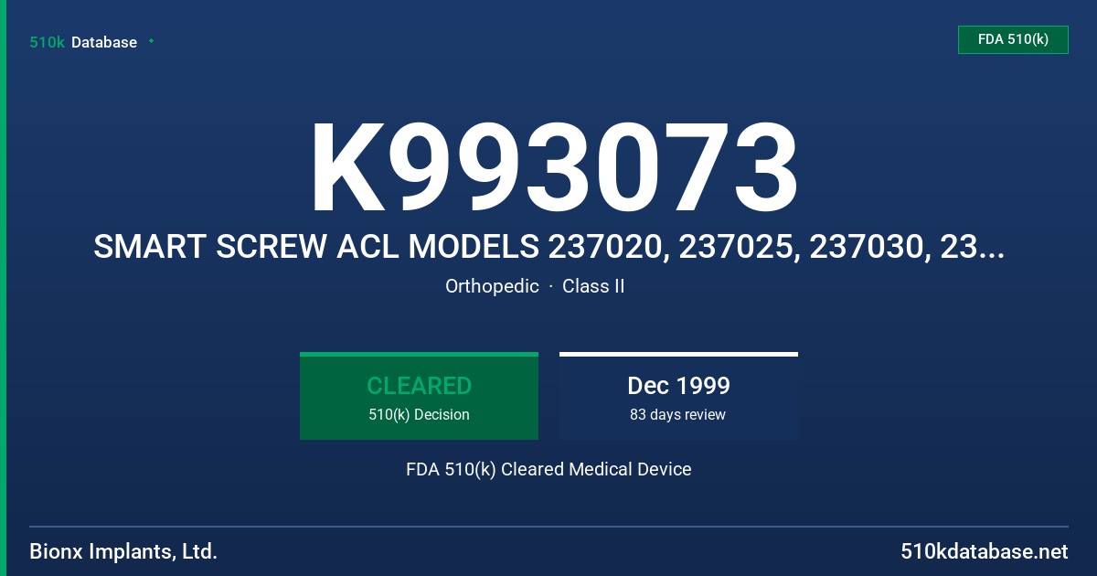 K993073 SMART SCREW ACL MODELS 237020, 237025, 237030, 238020, 238025, 238030, 239020, 239025, 239030 FDA 510(k) Cleared Medical Device