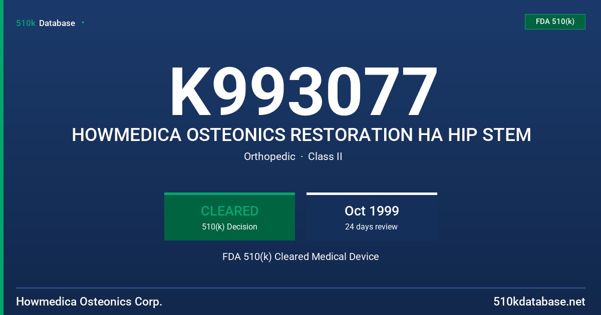 K993077 HOWMEDICA OSTEONICS RESTORATION HA HIP STEM FDA 510(k) Cleared Medical Device
