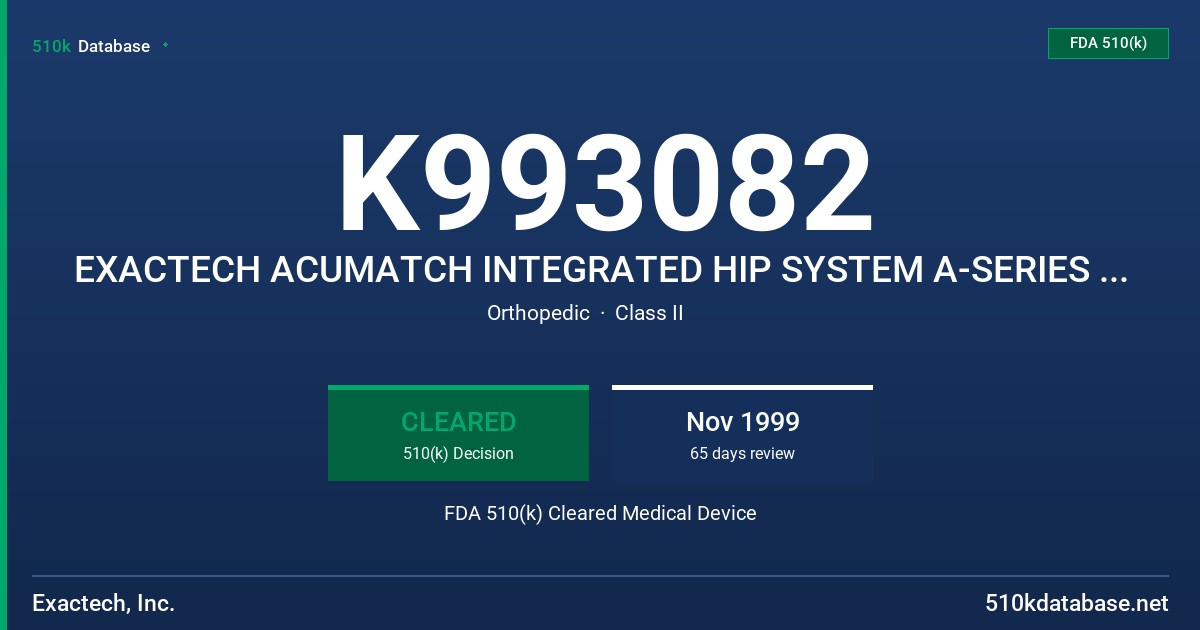 K993082 EXACTECH ACUMATCH INTEGRATED HIP SYSTEM A-SERIES POROUS COATED ACETABULAR COMPONENT FDA 510(k) Cleared Medical Device