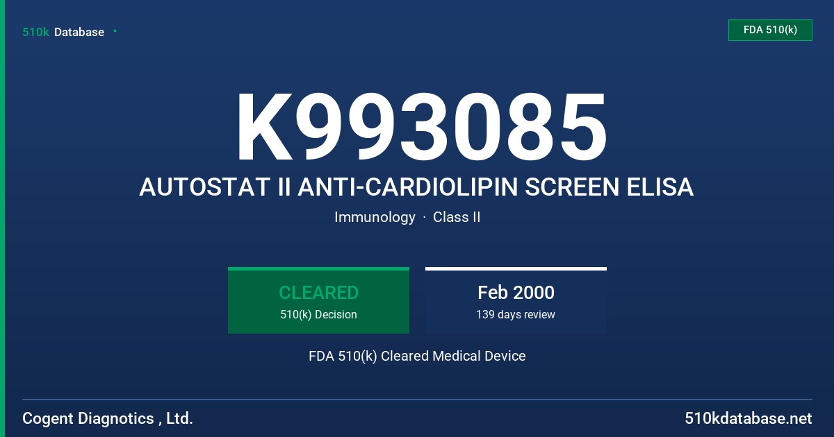 K993085 AUTOSTAT II ANTI-CARDIOLIPIN SCREEN ELISA FDA 510(k) Cleared Medical Device