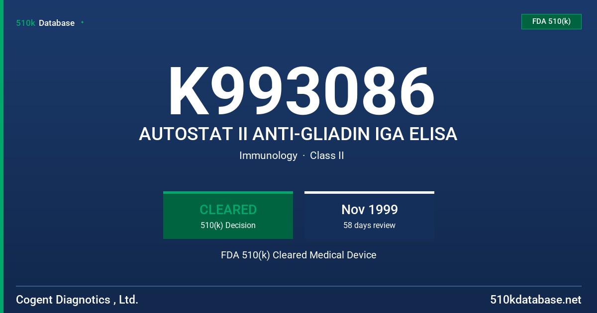 K993086 AUTOSTAT II ANTI-GLIADIN IGA ELISA FDA 510(k) Cleared Medical Device