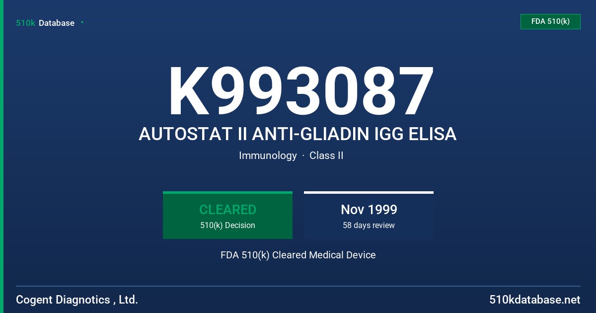 K993087 AUTOSTAT II ANTI-GLIADIN IGG ELISA FDA 510(k) Cleared Medical Device