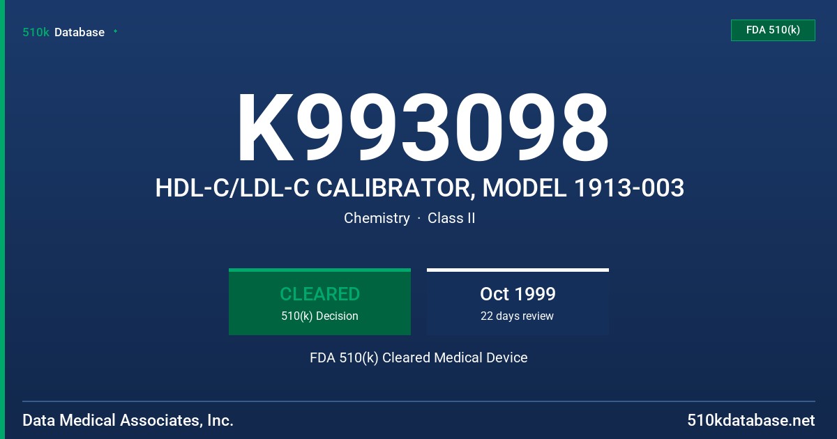 K993098 HDL-C/LDL-C CALIBRATOR, MODEL 1913-003 FDA 510(k) Cleared Medical Device