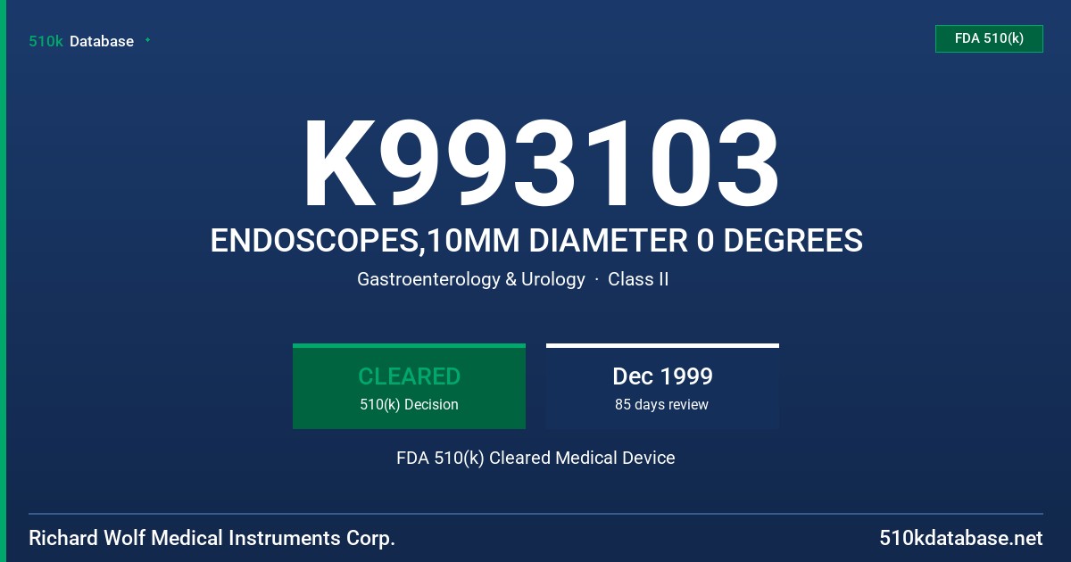 K993103 ENDOSCOPES,10MM DIAMETER 0 DEGREES FDA 510(k) Cleared Medical Device