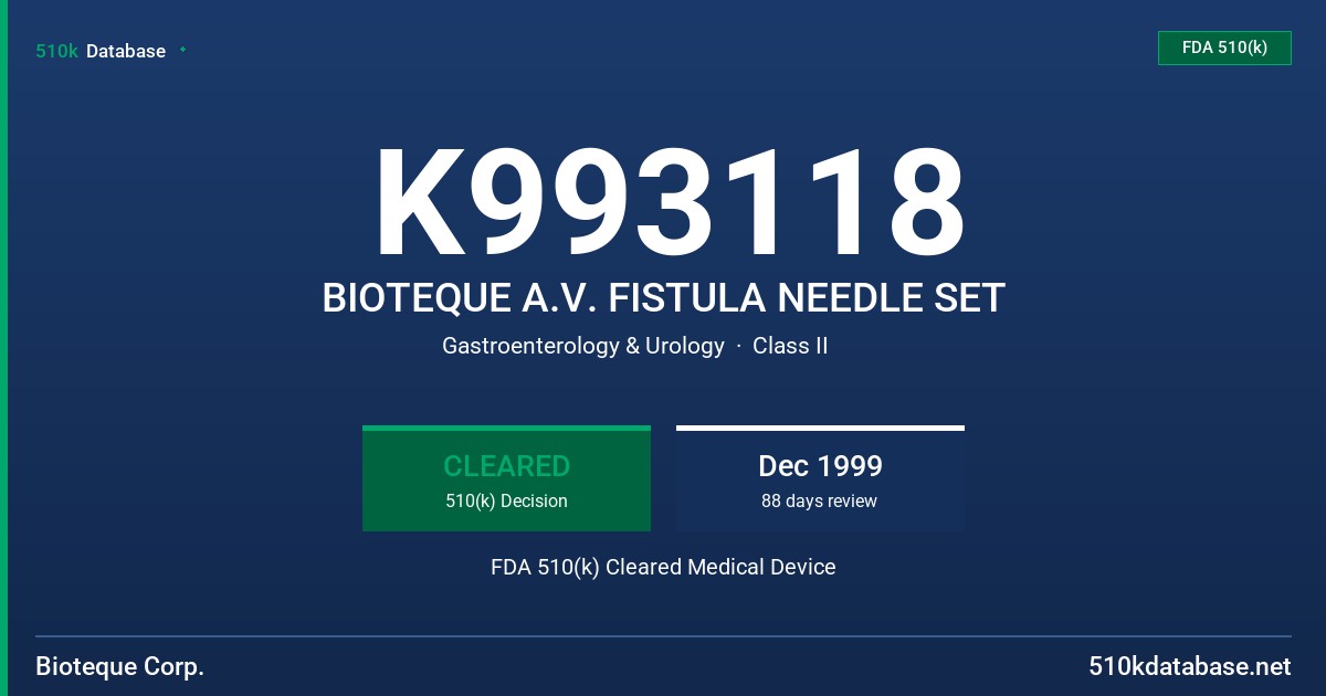 K993118 BIOTEQUE A.V. FISTULA NEEDLE SET FDA 510(k) Cleared Medical Device