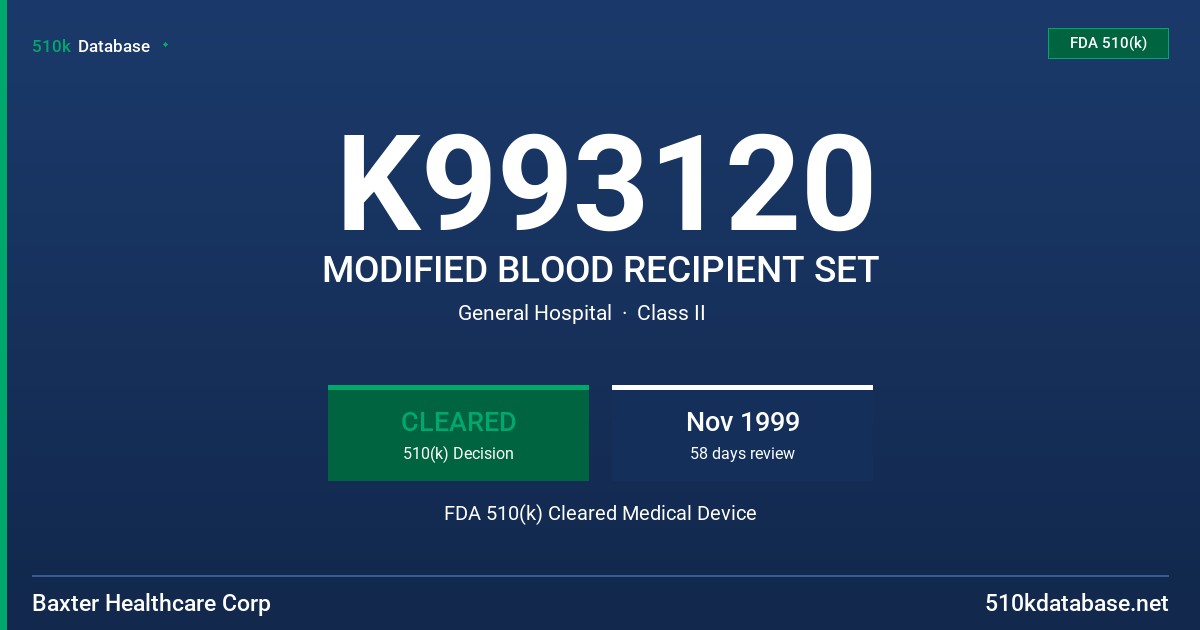 K993120 MODIFIED BLOOD RECIPIENT SET FDA 510(k) Cleared Medical Device