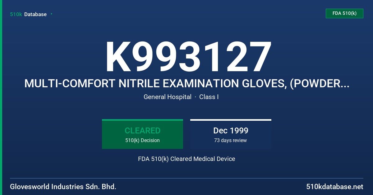 K993127 MULTI-COMFORT NITRILE EXAMINATION GLOVES, (POWDER FREE) FDA 510(k) Cleared Medical Device