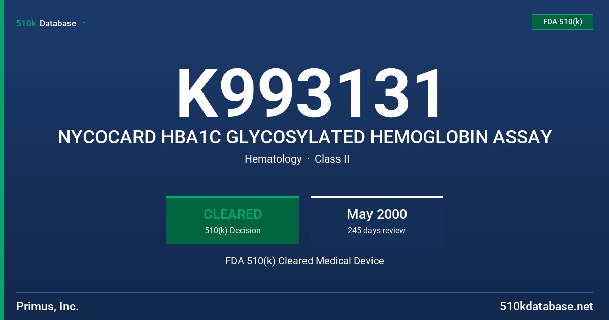 K993131 NYCOCARD HBA1C GLYCOSYLATED HEMOGLOBIN ASSAY FDA 510(k) Cleared Medical Device