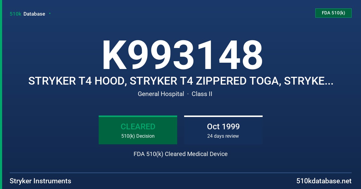 K993148 STRYKER T4 HOOD, STRYKER T4 ZIPPERED TOGA, STRYKER T4 PULLOVER TOGA FDA 510(k) Cleared Medical Device