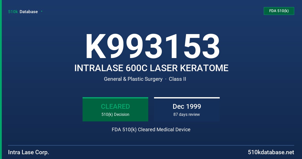 K993153 INTRALASE 600C LASER KERATOME FDA 510(k) Cleared Medical Device