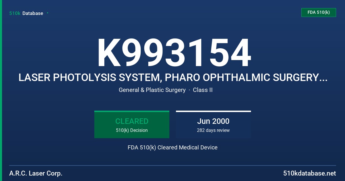 K993154 LASER PHOTOLYSIS SYSTEM, PHARO OPHTHALMIC SURGERY SYSTEM FDA 510(k) Cleared Medical Device
