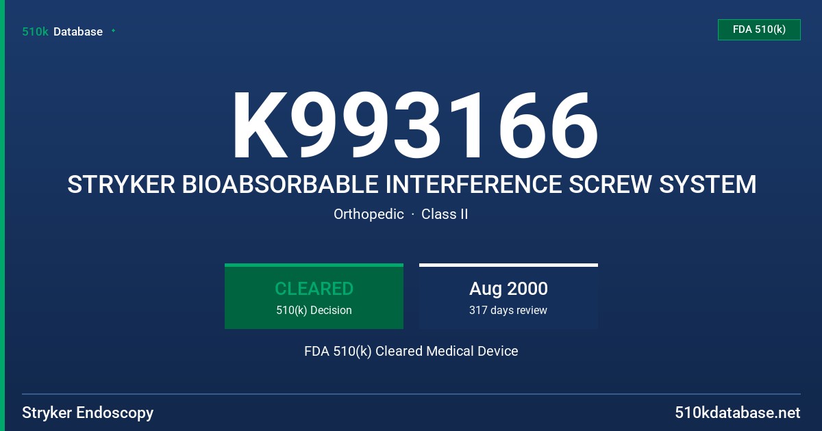 K993166 STRYKER BIOABSORBABLE INTERFERENCE SCREW SYSTEM FDA 510(k) Cleared Medical Device