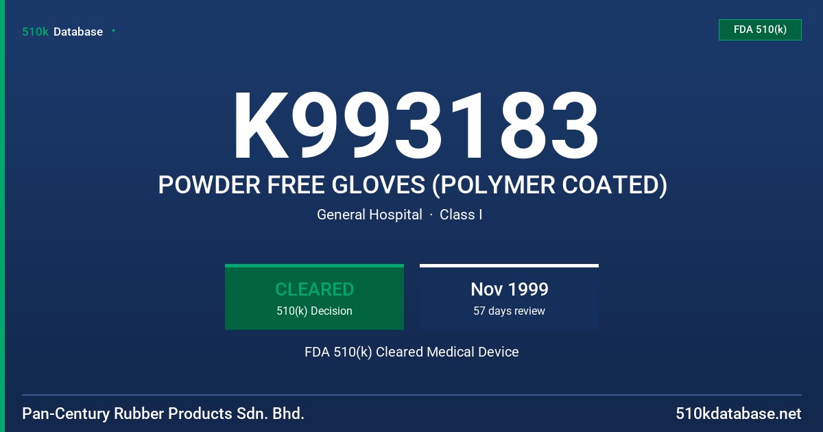 K993183 POWDER FREE GLOVES (POLYMER COATED) FDA 510(k) Cleared Medical Device