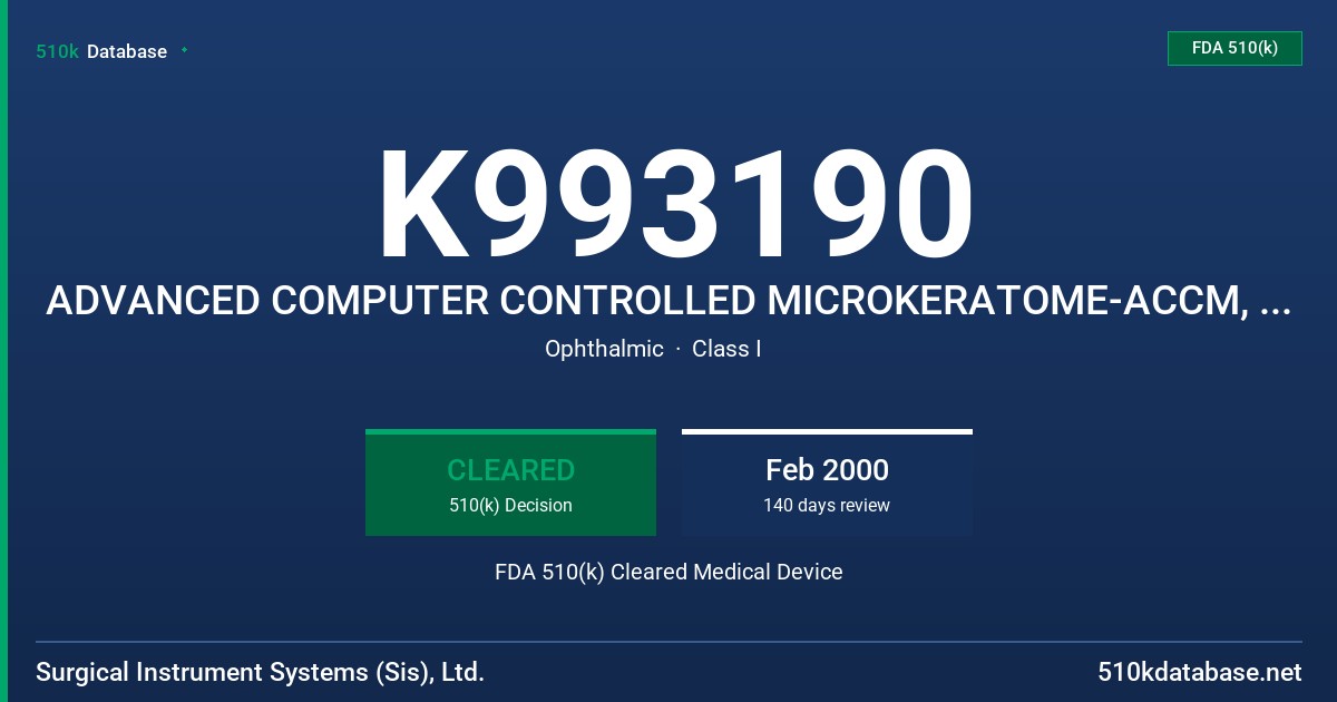 K993190 ADVANCED COMPUTER CONTROLLED MICROKERATOME-ACCM, MODEL SURGICAL INSTRUMENT SYSTEMS (SIS) FDA 510(k) Cleared Medical Device