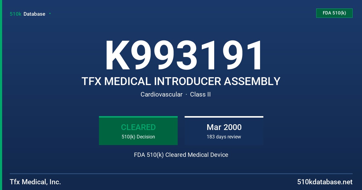 K993191 TFX MEDICAL INTRODUCER ASSEMBLY FDA 510(k) Cleared Medical Device
