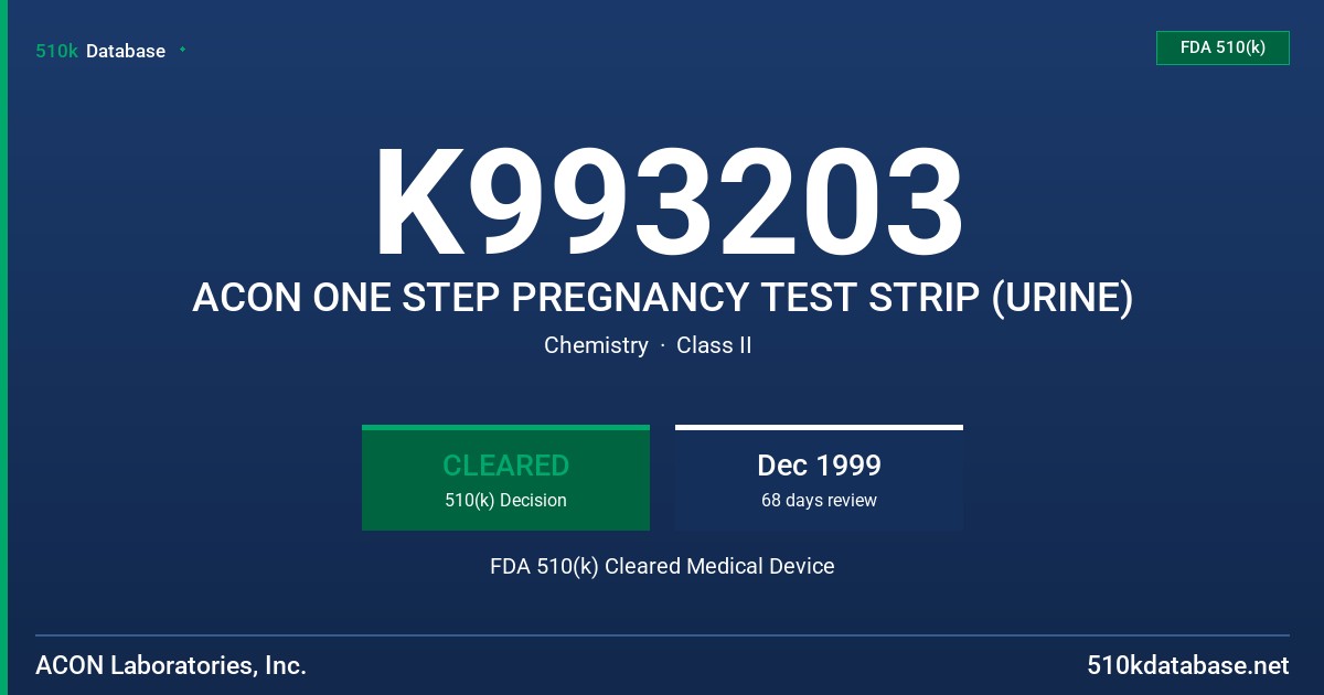 K993203 ACON ONE STEP PREGNANCY TEST STRIP (URINE) FDA 510(k) Cleared Medical Device