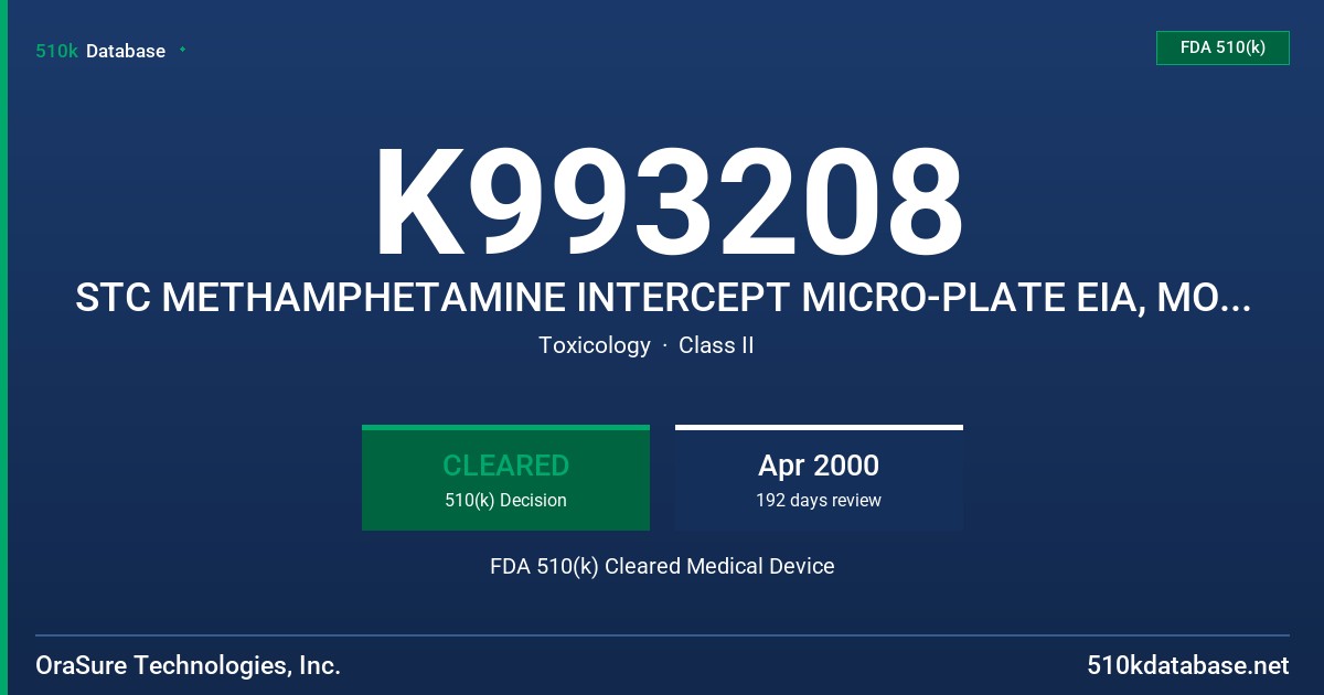 K993208 STC METHAMPHETAMINE INTERCEPT MICRO-PLATE EIA, MODEL 1104I FDA 510(k) Cleared Medical Device