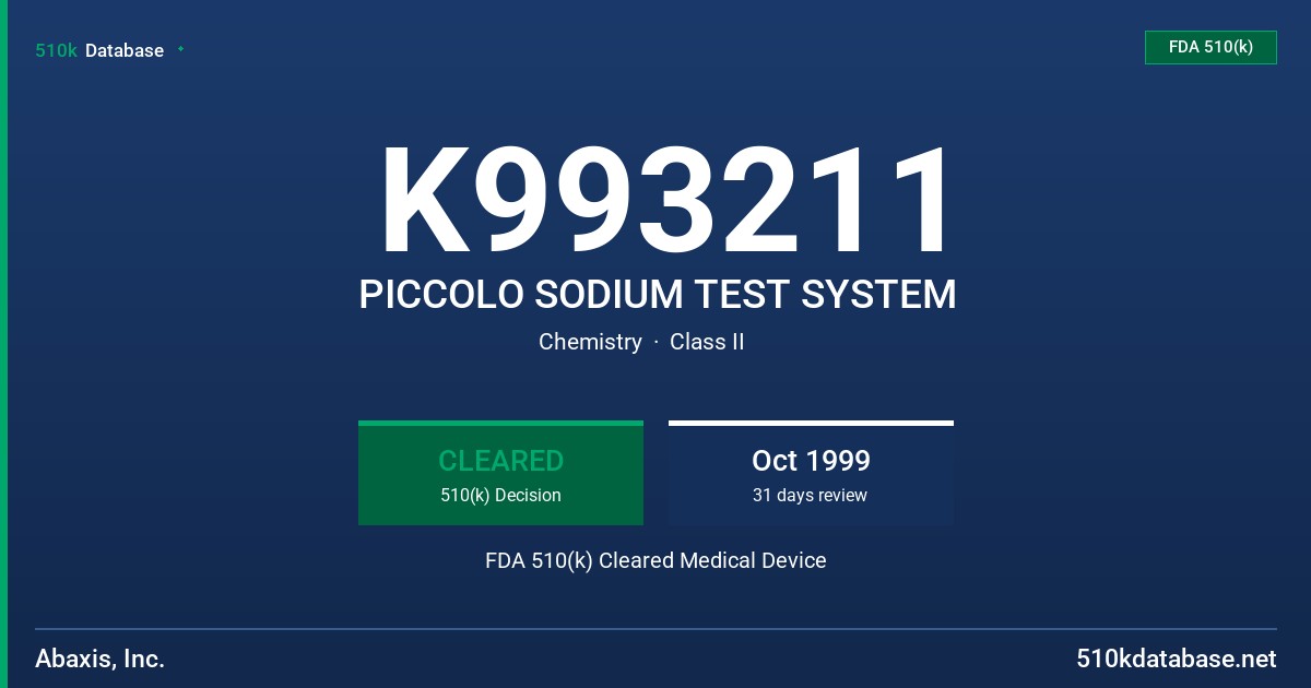 K993211 PICCOLO SODIUM TEST SYSTEM FDA 510(k) Cleared Medical Device