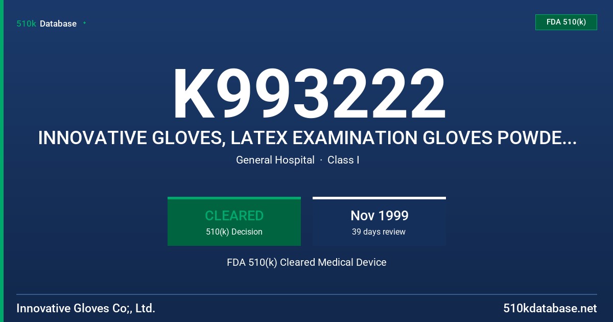 K993222 INNOVATIVE GLOVES, LATEX EXAMINATION GLOVES POWDERFREE FDA 510(k) Cleared Medical Device