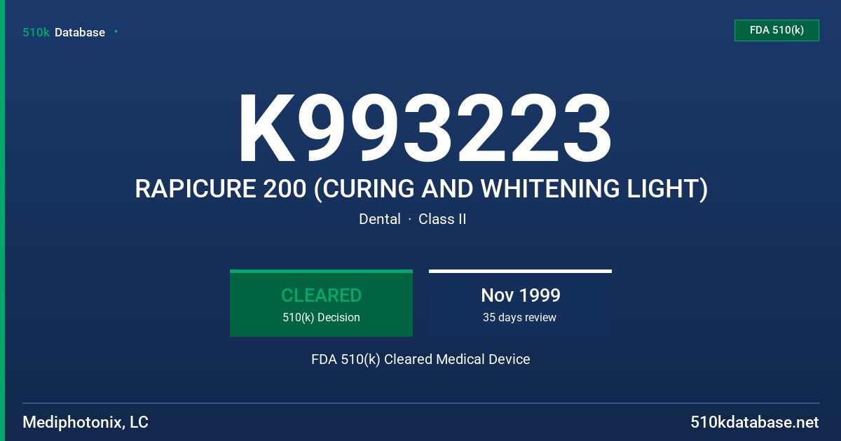 K993223 RAPICURE 200 (CURING AND WHITENING LIGHT) FDA 510(k) Cleared Medical Device