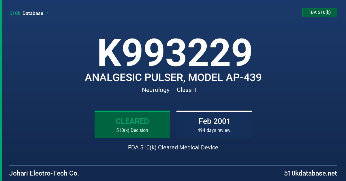 K993229 ANALGESIC PULSER, MODEL AP-439 FDA 510(k) Cleared Medical Device