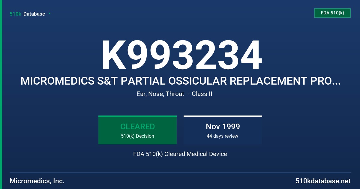 K993234 MICROMEDICS S&T PARTIAL OSSICULAR REPLACEMENT PROSTHESIS FDA 510(k) Cleared Medical Device