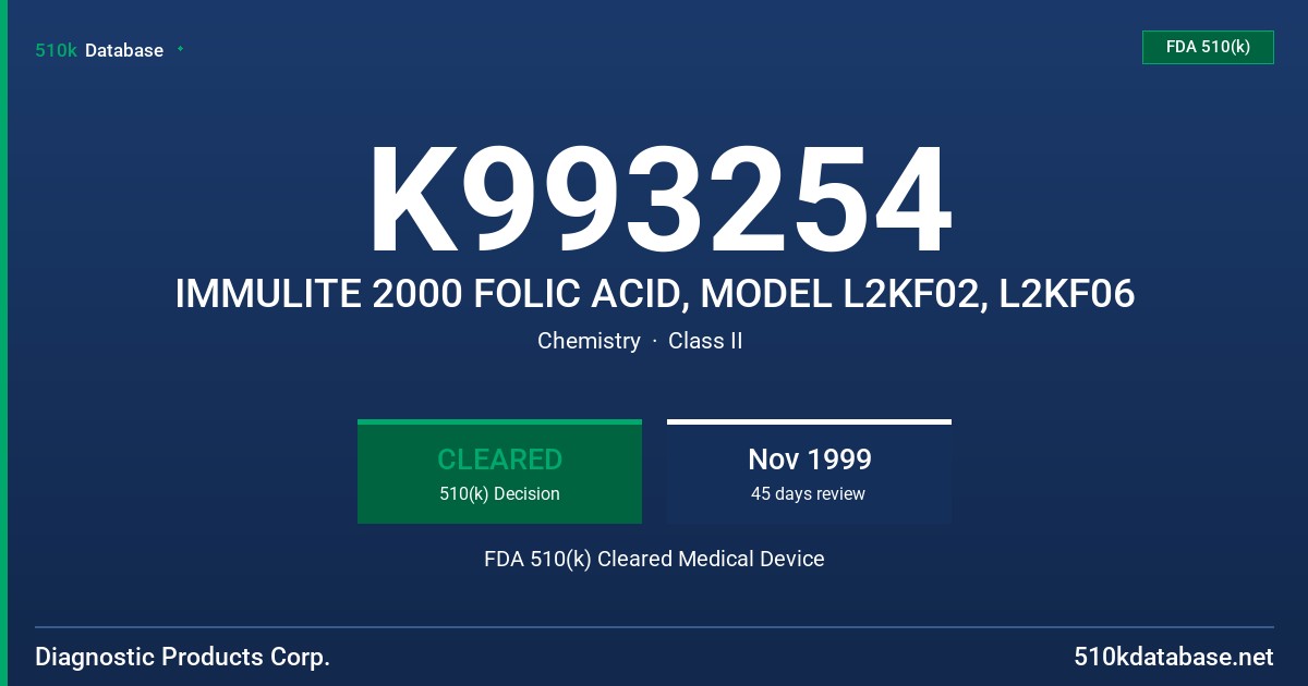 K993254 IMMULITE 2000 FOLIC ACID, MODEL L2KF02, L2KF06 FDA 510(k) Cleared Medical Device