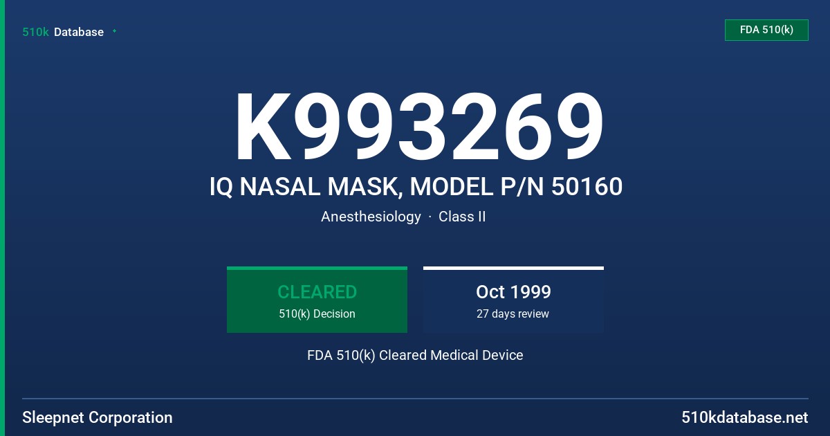 K993269 IQ NASAL MASK, MODEL P/N 50160 FDA 510(k) Cleared Medical Device