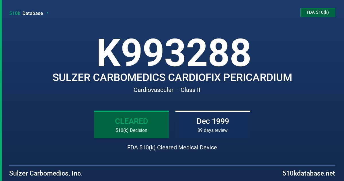 K993288 SULZER CARBOMEDICS CARDIOFIX PERICARDIUM FDA 510(k) Cleared Medical Device