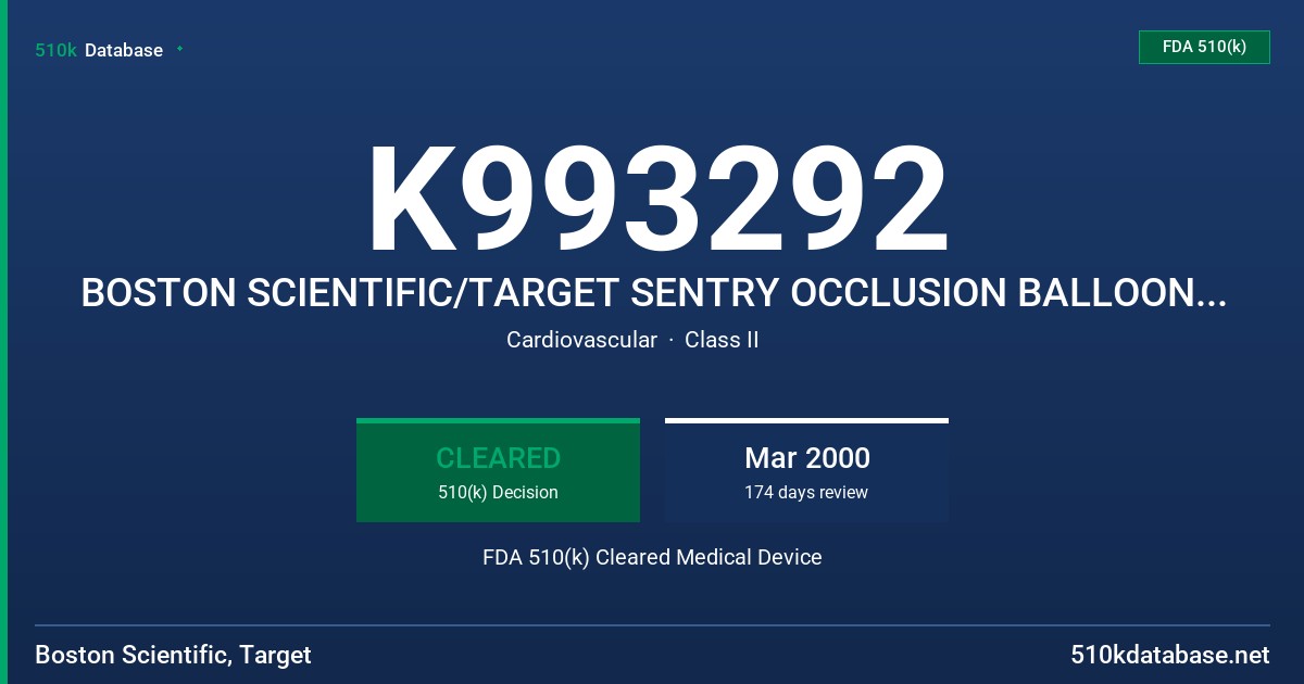 K993292 BOSTON SCIENTIFIC/TARGET SENTRY OCCLUSION BALLOON CATHETER FDA 510(k) Cleared Medical Device
